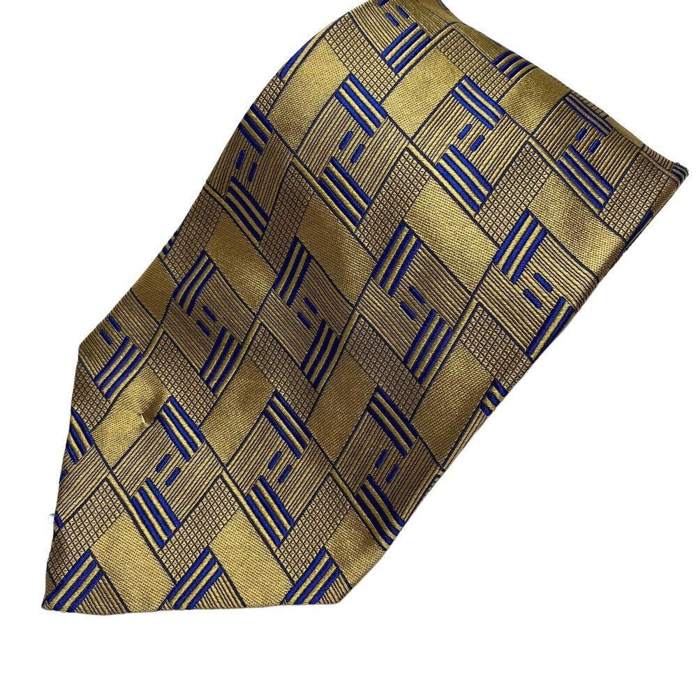 Oscar de la Renta Mens Necktie Tie Gold Blue Geometric Silk Couture Collection